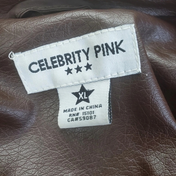 Celebrity Pink Faux Leather Jacket Teen Girl XL Brown Full Zip Snap Buttons Moto - Picture 9 of 13